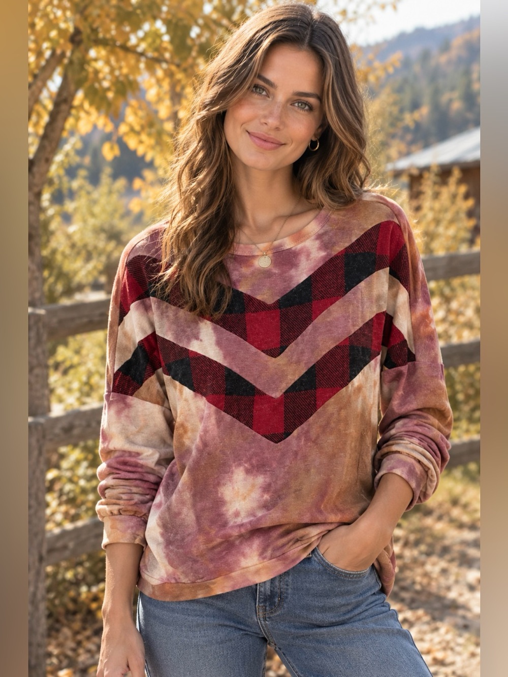 Heimish U.S.A Tie-Dye Plaid Chevron Lightweight Sweatshirt